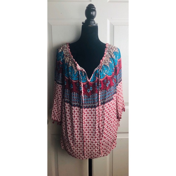 Umgee pink boho off the shoulder tie front top - Picture 5 of 9